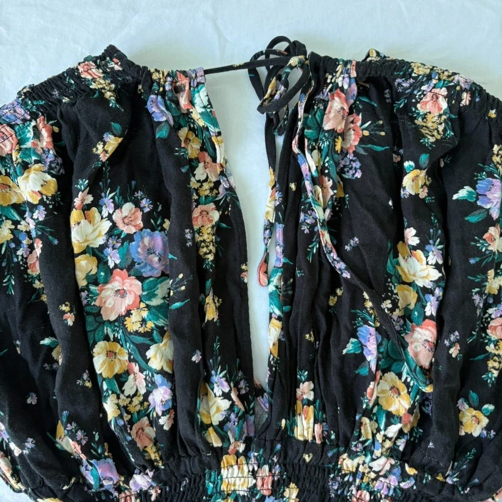 O'Neill‎ Womens Black Smocked Waist V-Neck Floral Halette Blouse Top Size Medium